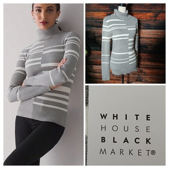 NWT White House Black Market Sweater XL Ribbed Gray White Striped Turtleneck - Picture 1 of 12